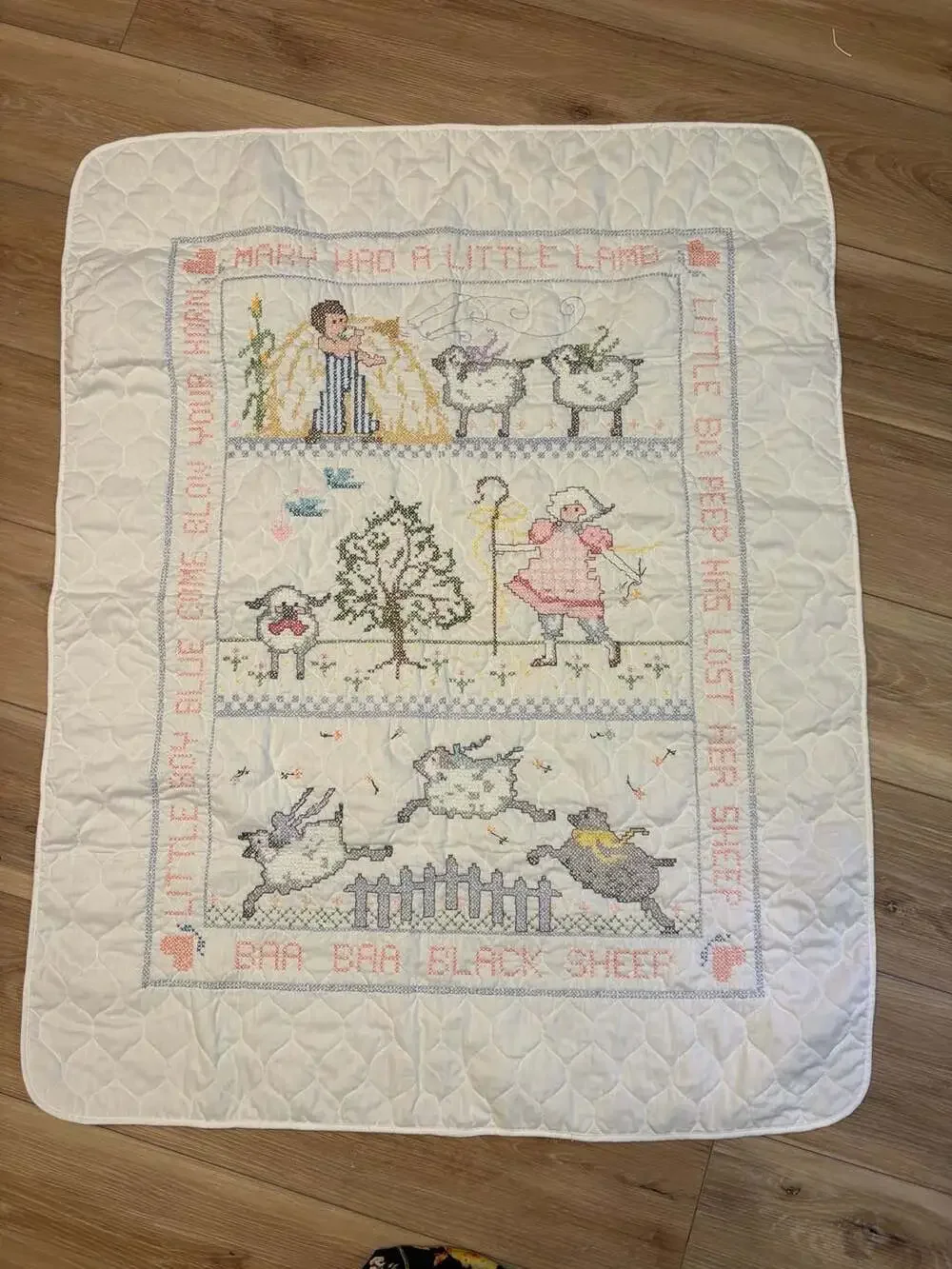 Vintage Hand-Stitched Nursery Rhyme Cross-Stitch Quilt